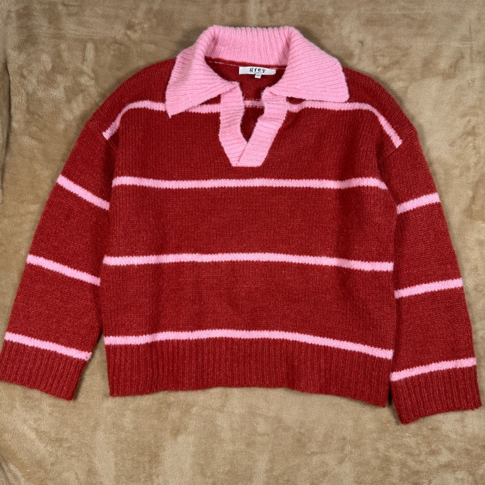 Grey Bandit Striped Oversized Sweater Red Pink Wool Blend Polo Collar XS